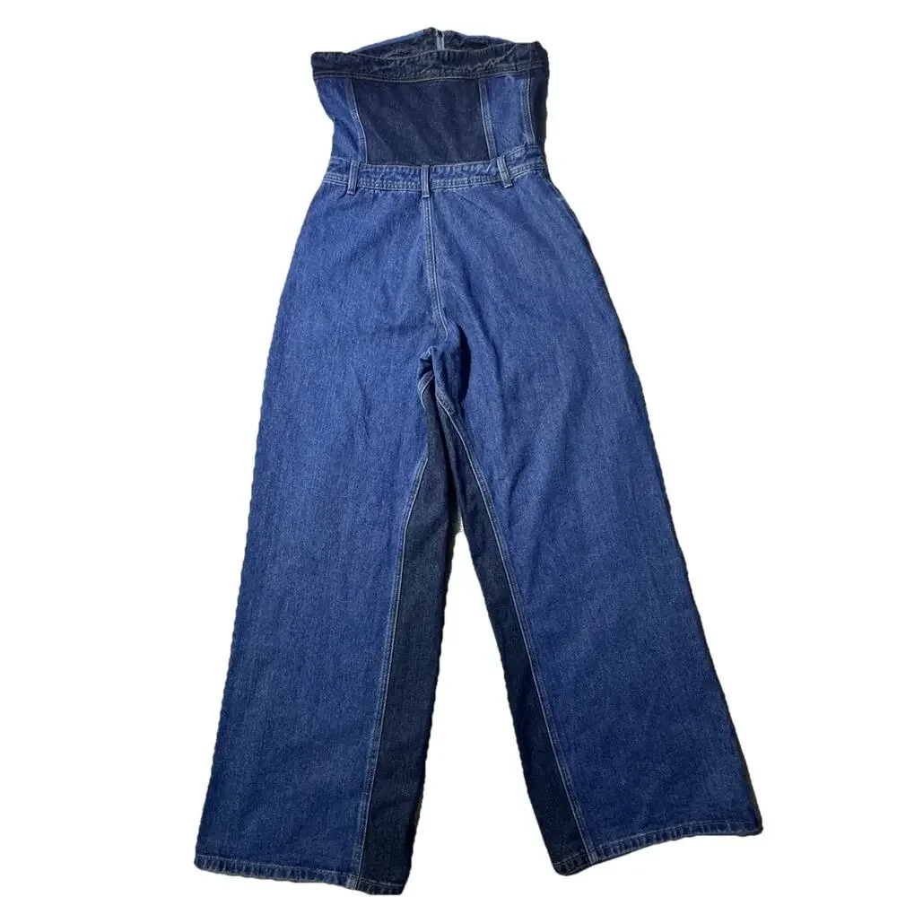 Nasty Gal Denim Wide Leg Patchwork Strapless Jumpsuit US 8 UK 12 Boho - Picture 6 of 7